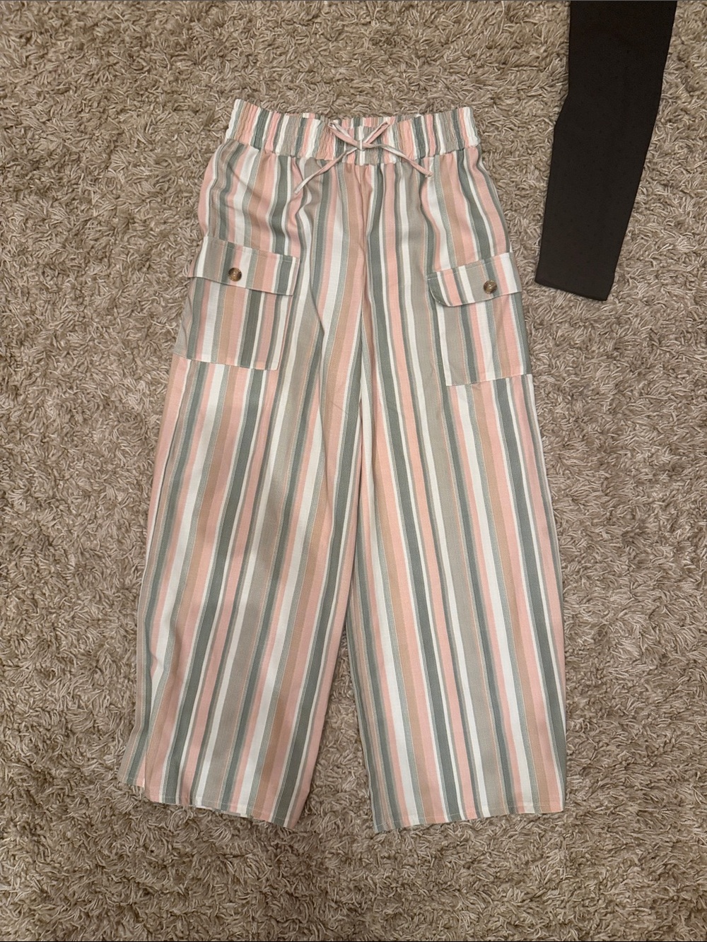 Girls' Pink & Sage Striped Wide-Leg Cargo Pants